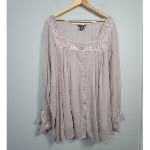Denim 24/7 Women’s 32W Boho Embroidered Blouse Sheer Sleeves Dusty Pink